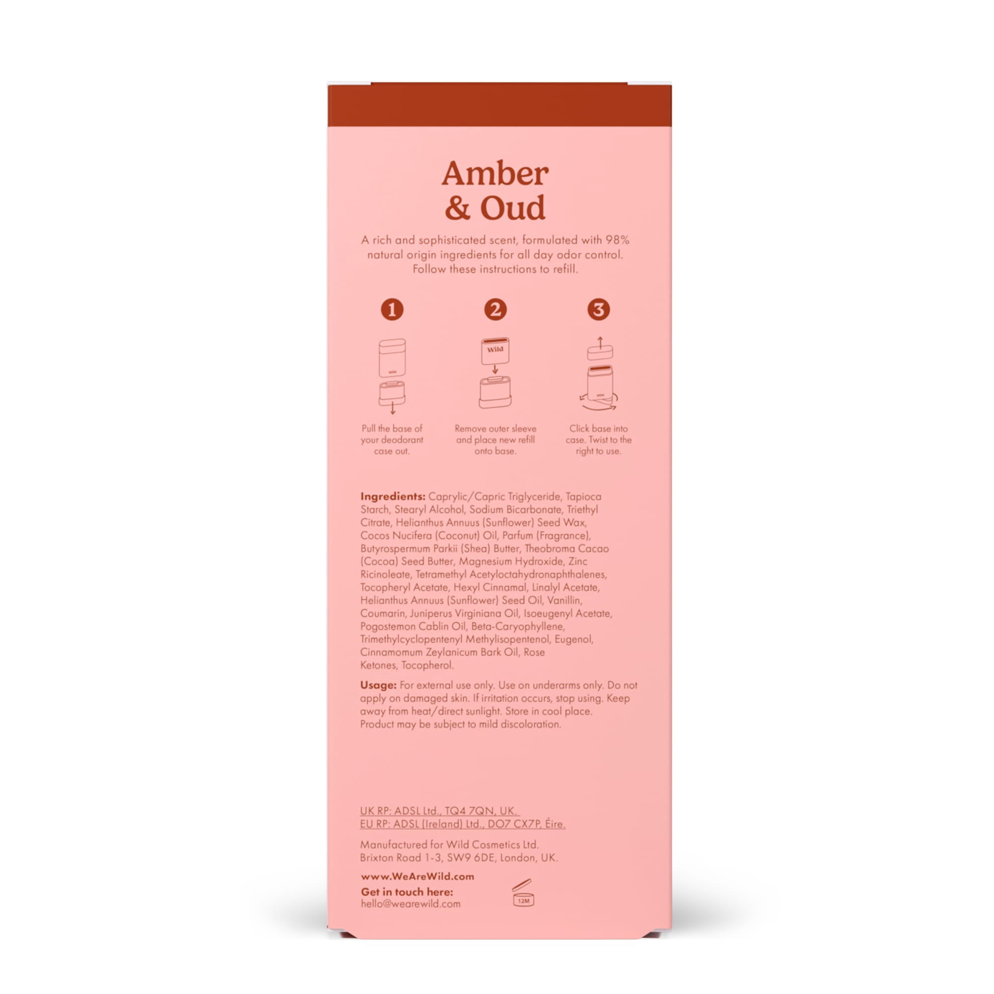 Wild Refillable Deodorant Starter Pack - Aluminum Free. Aqua Case + Amber & Oud Refill, for Women and Men, 1.4oz