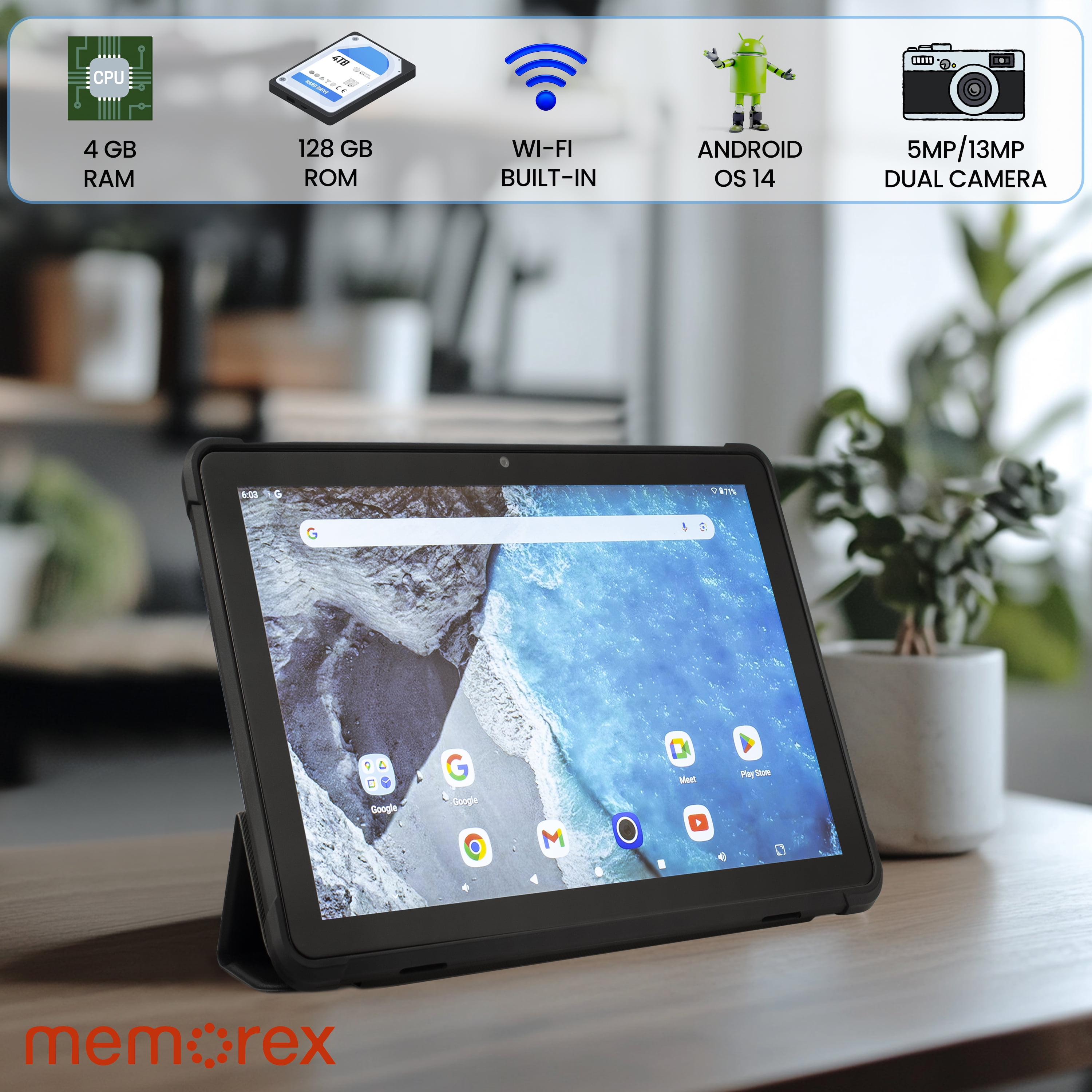 Memorex Bonus 4-in-1 Privacy Bundle - 10.1" HD IPS Android 14 8-Core Tablet, 128GB Storage, 4GB RAM with Bonus Tablet Case & Stand, Braided 10ft USB-C cable & Privacy Screen Protector