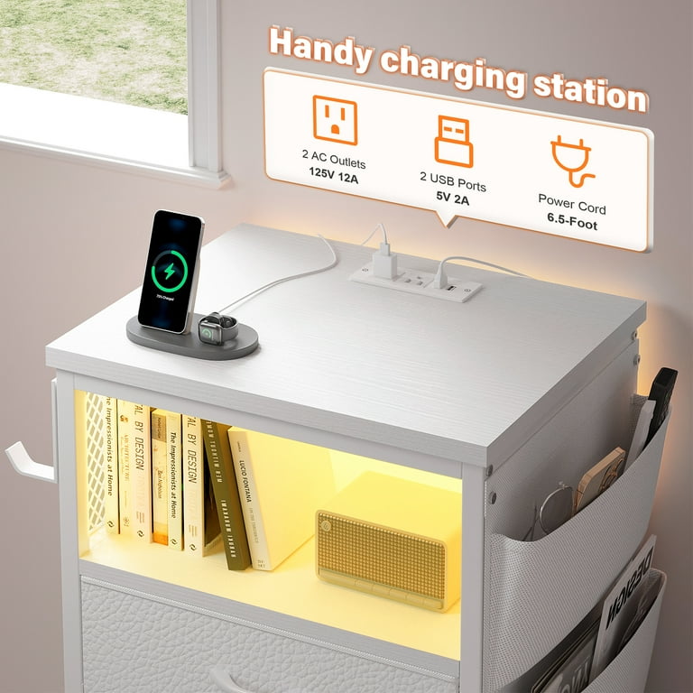 EnHomee Nightstand with Charging Station Drawers LED