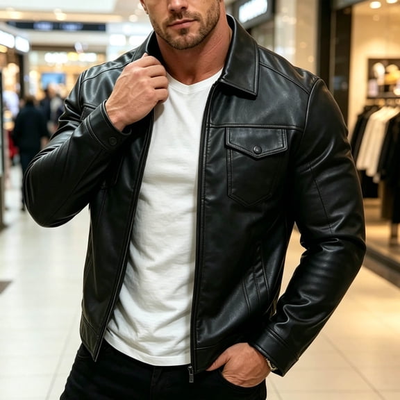 LEKWK Motorcycle Jacket for Men Faux Leather Full Zip up Biker Coat Classic Collared Outerwear with Flap Chest Pockets Windproof Apparel for Fall Winter Streetwear Black M