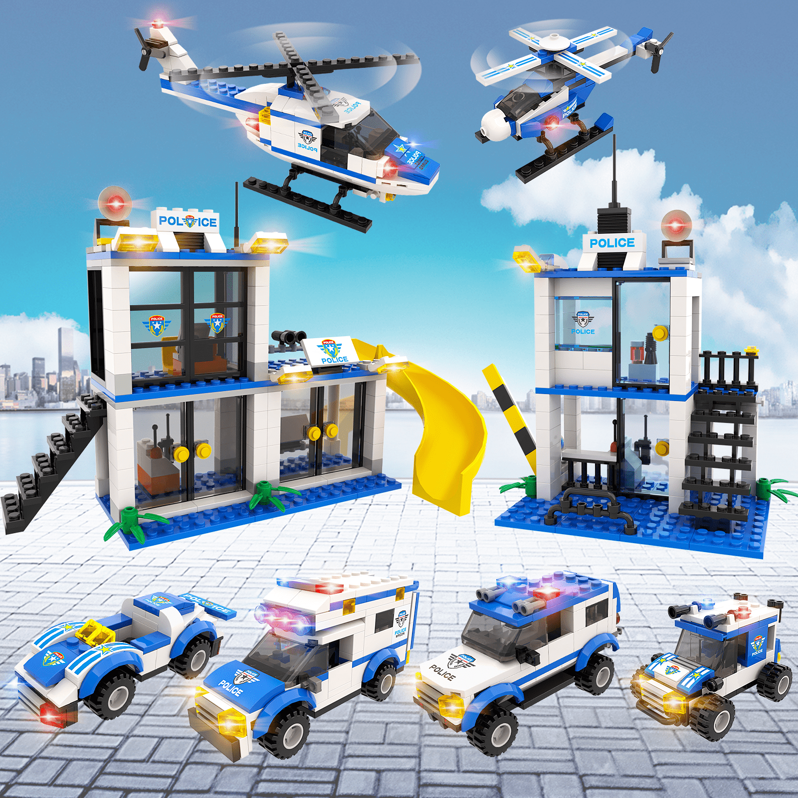 792 pcs Police Building Blocks Toy Set 8-in-1 Robot Truck Aircraft Car Boat Army 