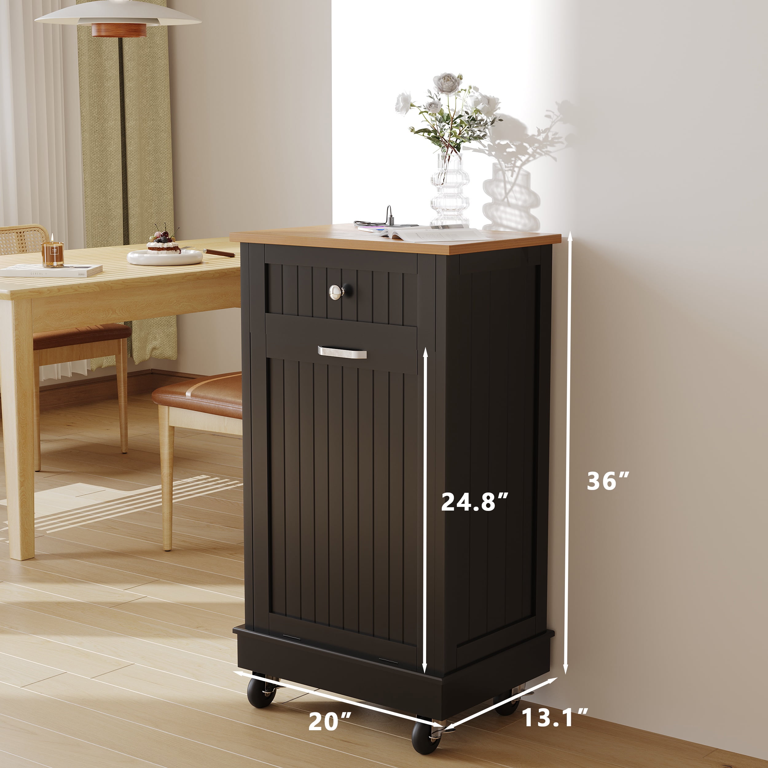 JassmiPkwy Trash Cabinet Tilt-Out,10 Gallon Farmhouse Laundry Hamper Cabinet w/1 Drawers,Hidden Wooden Trash Can Cabinets with Storage Basket for Kitchen-Balck