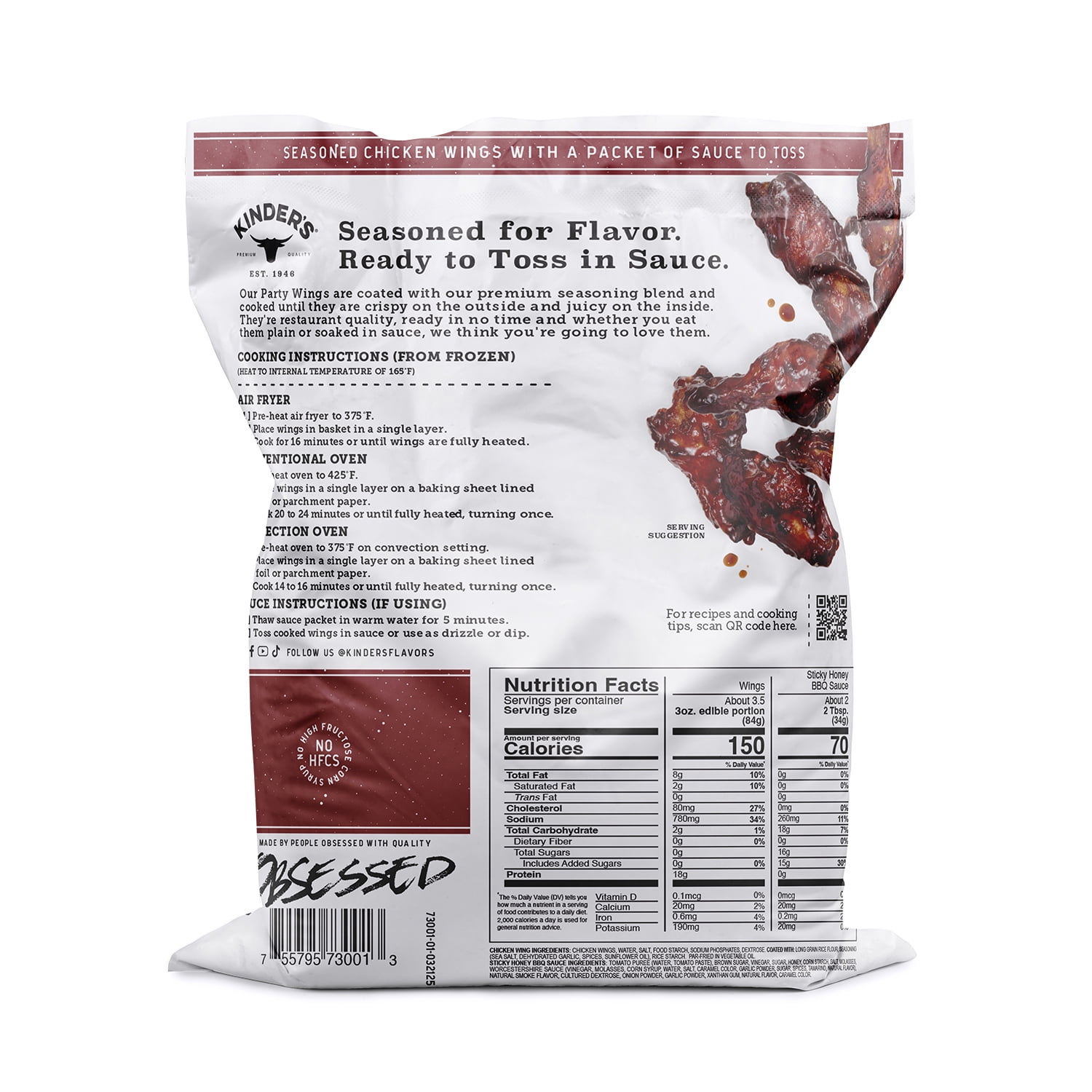 Kinder's Sticky Honey BBQ Frozen Chicken Wings, 19 oz Bag