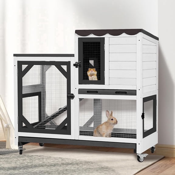 MEDEHOO Duplex Rabbit Hutch Indoor with Chew-Proof Frame & 2 Leak-Proof Sliding Trays, Rain Cover, Wooden Guinea Pig Cages with Wheels - Black and White