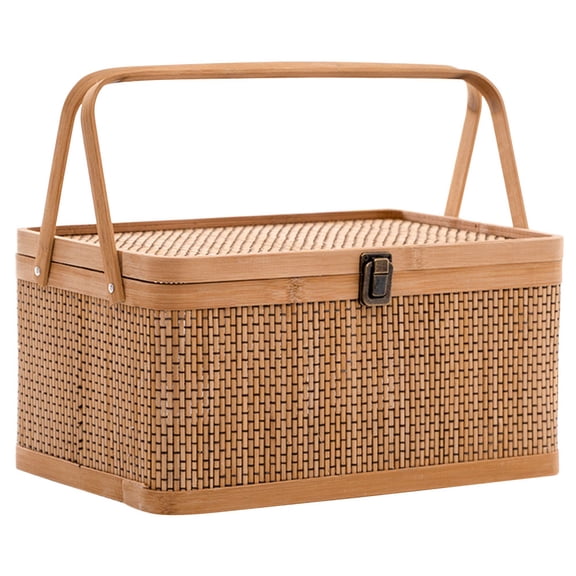 PTOOTP Durable Khaki Bamboo Basket with Handle for Household Storage