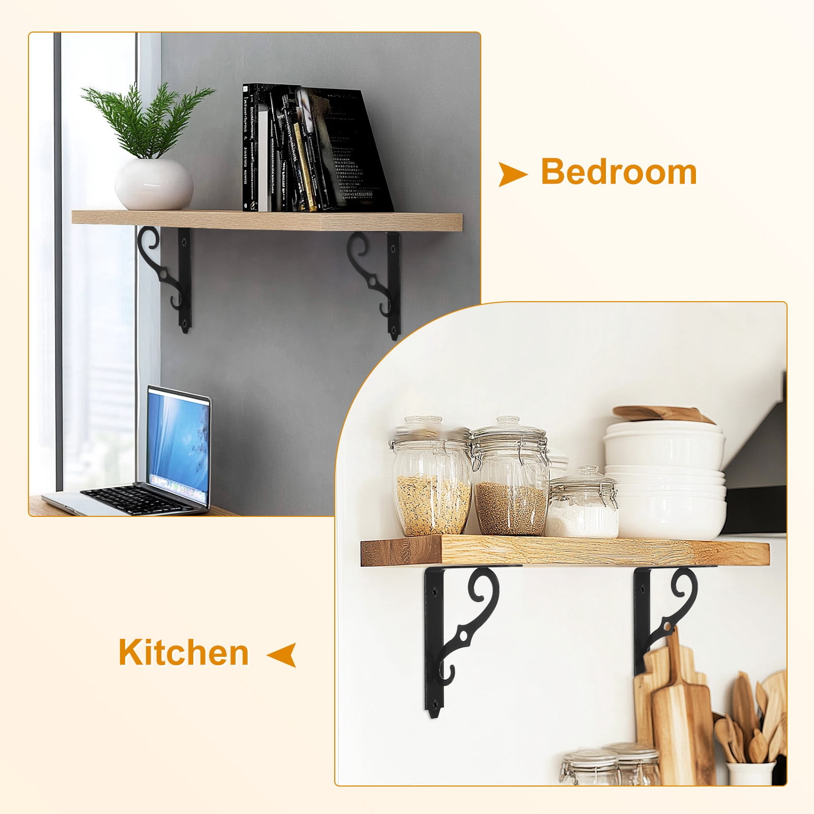 6-Pack Shelf Brackets, 10 Inch Long Iron Wall Mount Shelf Support Bracket for Home/Kitchen/DIY Decorative [Black]