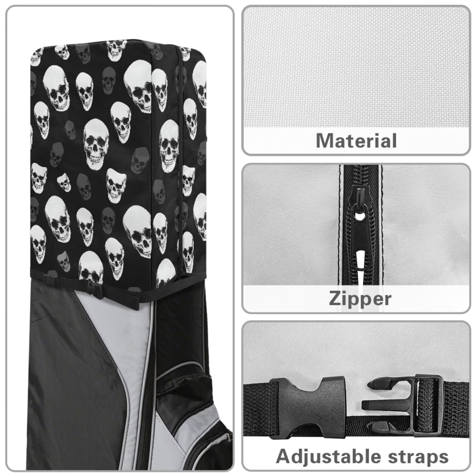 Chririnla Black Skull Fashion Golf Bag Rain Cover Waterproof Hood with Snap Button Dust & UV Protection Universal Fit for Most Tour Bags, Cart Bags & Stand Bags
