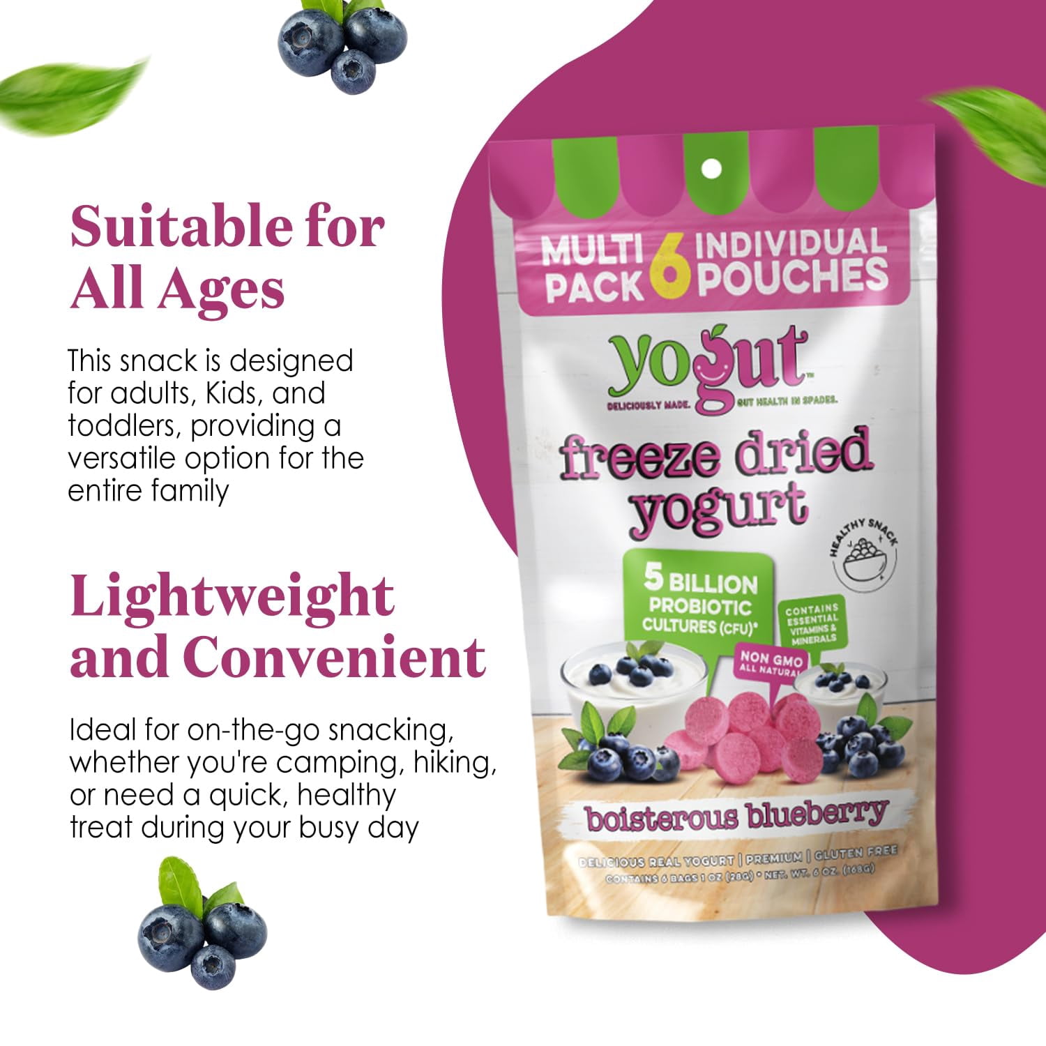 YoGut Freeze-Dried Blueberry Yogurt Smoothie & Melts Snack, 6Pk, Healthy Snacks for Kids, Toddlers & Adults, Gluten-Free, Non-GMO, with 5 Billion Probiotic Cultures, Vitamins & Minerals, Individual S