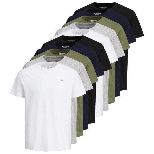 Jack & Jones Camiseta para Hombre, Paquete de 10 - JORJXJ, Camiseta, Manga corta, Cuello Redondo, algodón, Logotipo, color sólido. Blanco/gris/verde/azul/negro S (Small)