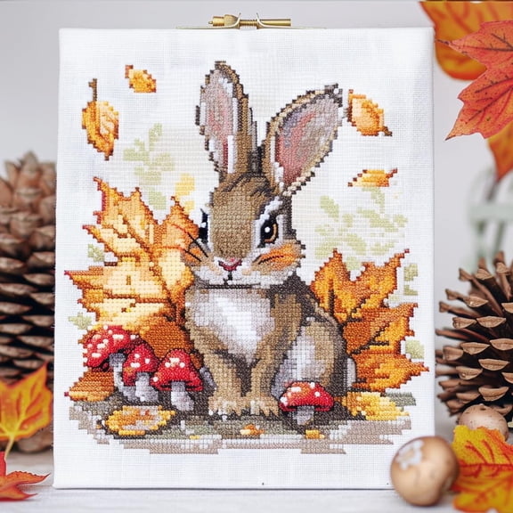 Cute Cartoon Rabbit and Mushrooms DIY 11CT Stamped Cross Stitch Kits for Beginners Easy Needlepoint Embroidery Counted Cross Stitch Art Craft for Wall Decoration 14x14inch(7)