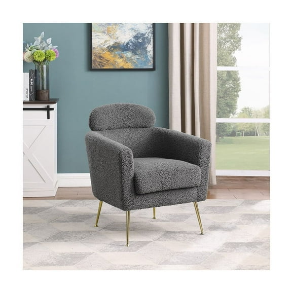 Gray Faux Fur Fabric Accent Leisure Chair with Pillow Rest and Gold Chrome Legs