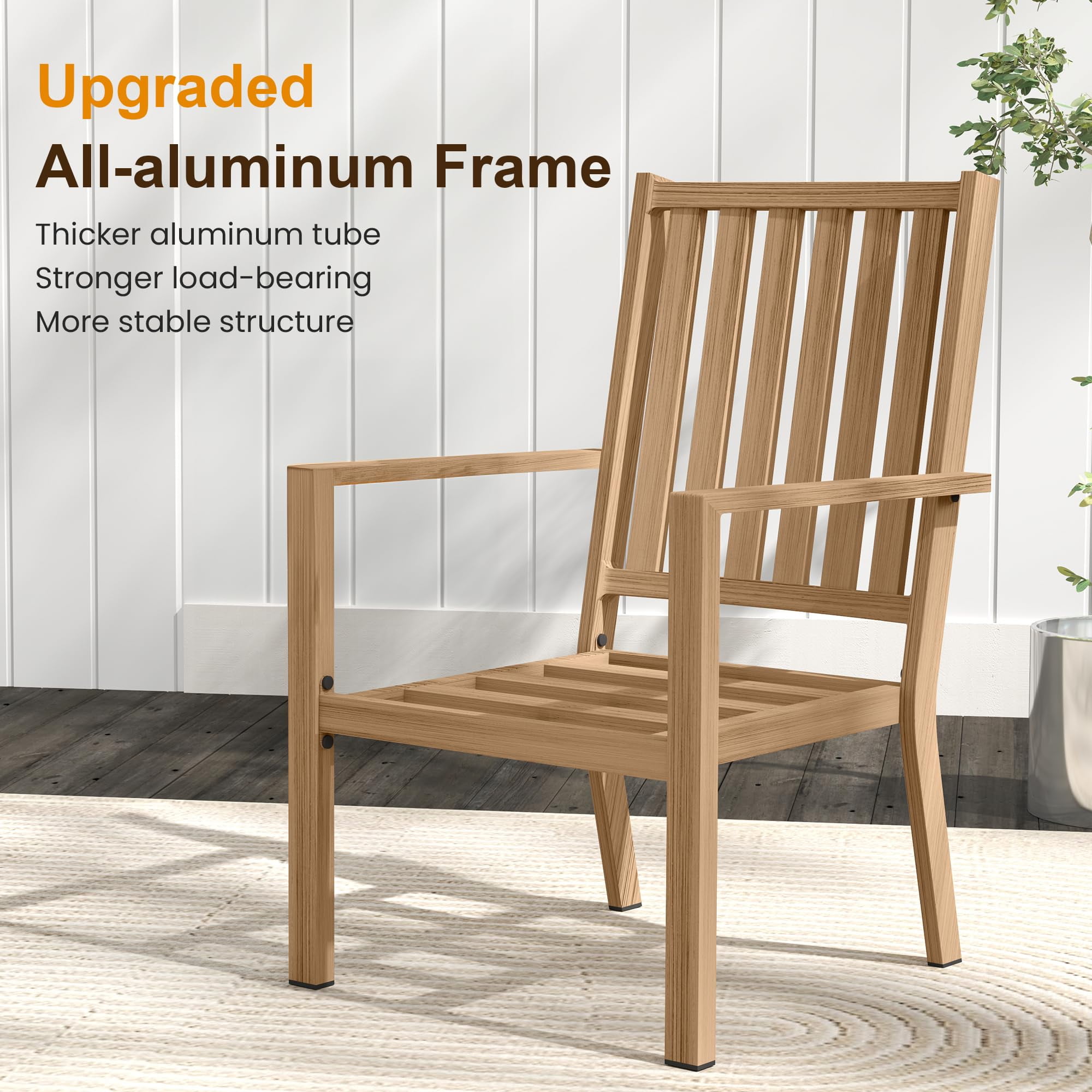 May in Color Patio Dining Chair Set of 2, Aluminum Outdoor Dining Chairs with Waterproof Cushions, Metal Outdoor Patio Furniture Seating for Porch, Balcony, Deck, Backyard, Light Wood Color