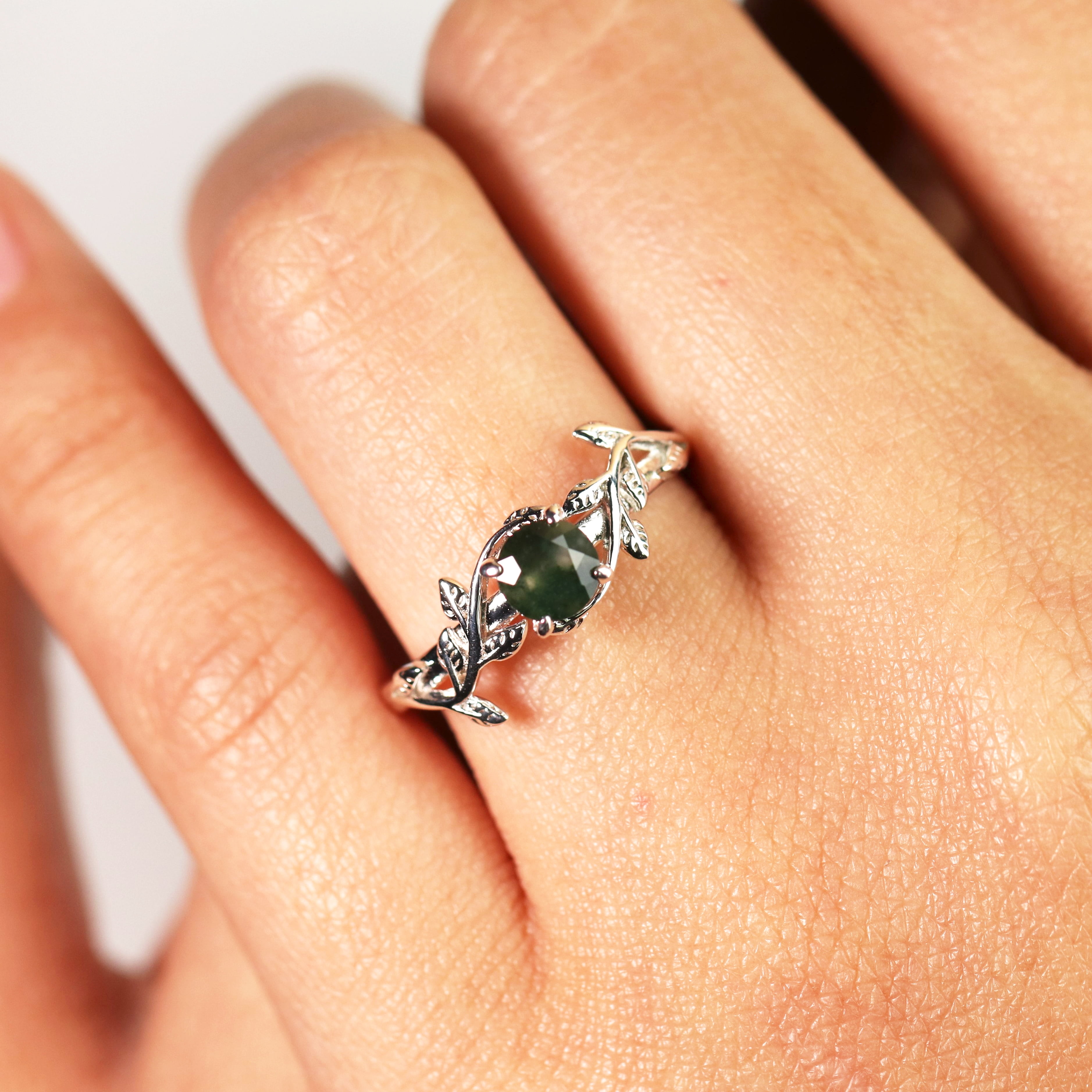 JeenMata Nature Inspired 0.50 Carat Natural Green Moss Agate Solitaire Engagement Ring - Forest Ring - 18K White Gold Plating for Women