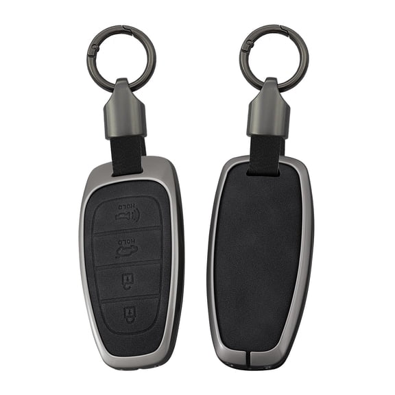 Car Key Shell Case Fit for Hyundai Tucson 2020-up 4-Button Key Cover with Keychain for Solaris Sonata Hybrid Nexo NX4 Santa Fe,Sturdy Metal and Leather Key Fob Protector( 4-btn-klaxon)