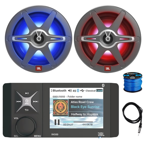 JBL R4500 4" Display Marine Bluetooth AM/FM/WB Stereo Receiver, 2x 8" 450 Watt 2-Way Multicolor LED Outdoor Audio Speakers, Radio Antenna, Wire