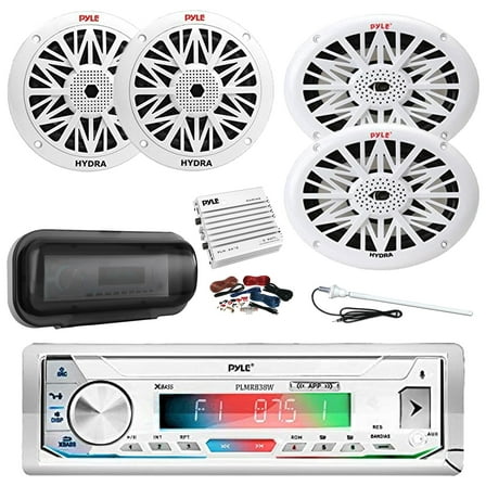 Pyle PLMRB39W Marine Single DIN Bluetooth AM/FM Stereo Receiver, Cover, 4-Channel Amplifier w/Kit, 2x 6.5" 200W Full Range 2-Way Waterproof Speakers, 2x 6x9" 260W 2-Way Outdoor Speakers, Antenna