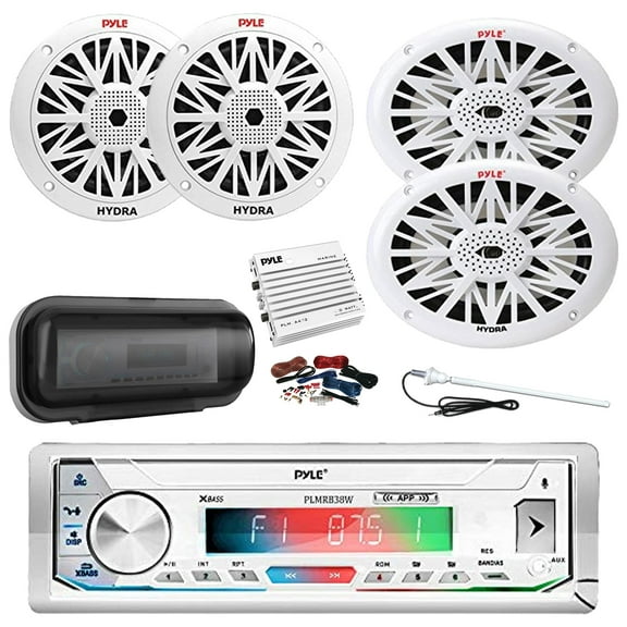 Pyle PLMRB39W Marine Single DIN Bluetooth AM/FM Stereo Receiver, Cover, 4-Channel Amplifier w/Kit, 2x 6.5" 200W Full Range 2-Way Waterproof Speakers, 2x 6x9" 260W 2-Way Outdoor Speakers, Antenna
