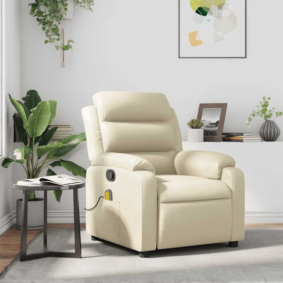 vidaXL Massage Recliner Chair with 6-Point Vibration Massage, Adjustable Cream Leather Rocker
