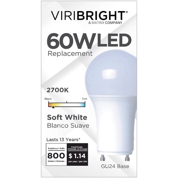 Viribright® A19 LED Bulb, GU24, 9W, 800 Lumens, Dimmable, CEC, Soft White 2700K (1 Pack)