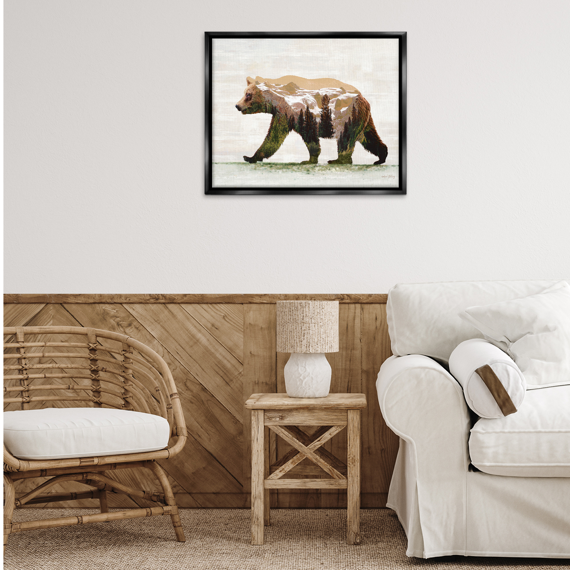 Stupell Industries Woodland Pattern Bear Animals & Insects Painting Black Floater Framed Art Print Wall Art, 31 x 25