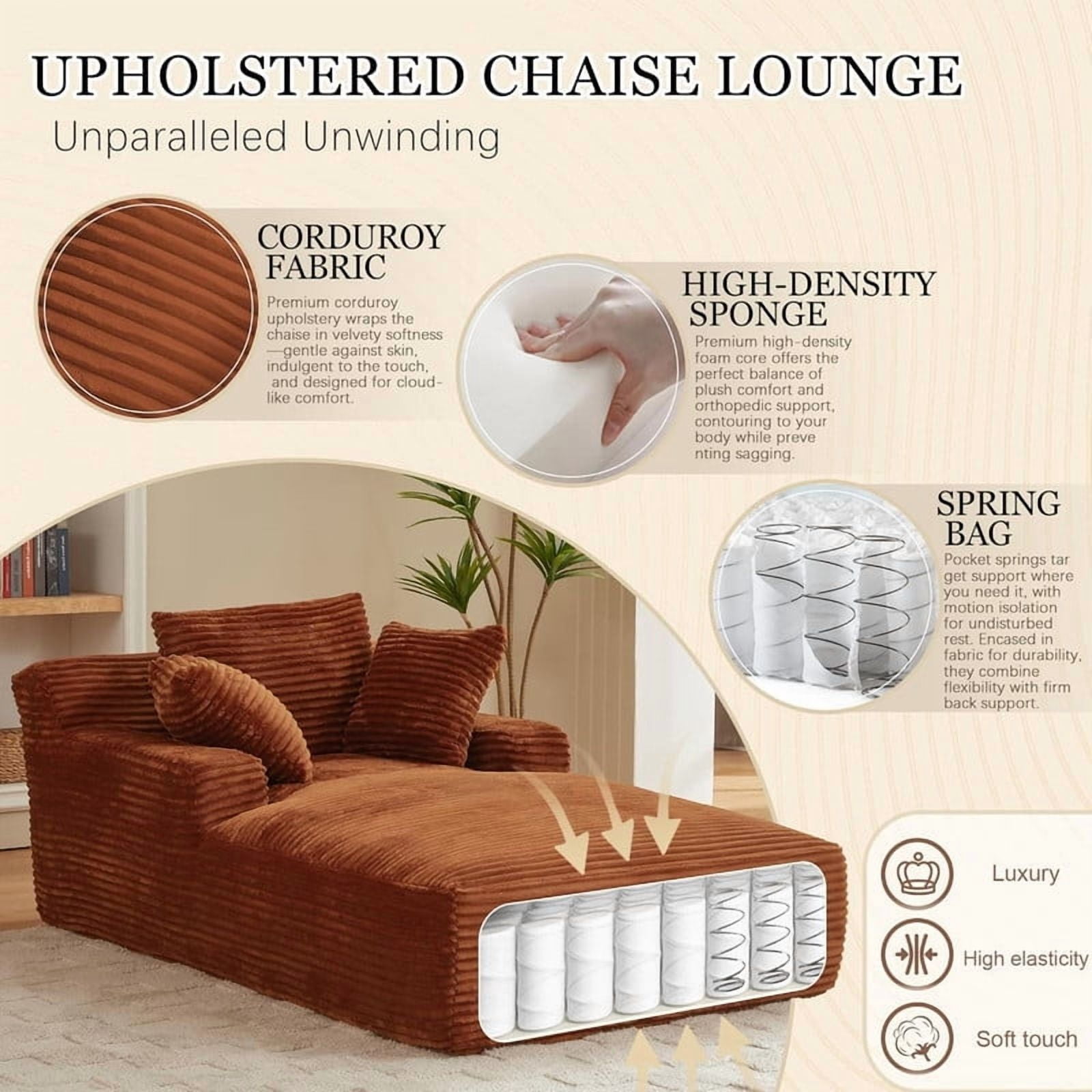 Oversized Chaise Lounge Chair Indoor, 78.7" Extra Deep Boneless Corduroy Lounge Couch Bed with 3 Pillows, Single Seat Reading Chairs for Living Room,Bedroom,Apartment