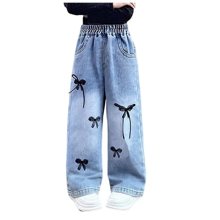 Mnyotv Elastic Waisted Jeans Bow Embroidery Denim Trousers with Pockets Casual Wide Leg Pants for Girls Size 3-4Y