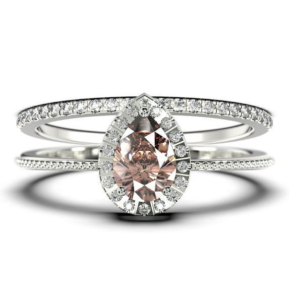 Art deco 1.75 Carat Vintage Pear Cut Morganite And Diamond Moissanite Engagement Ring Set, Wedding Ring in 925 Sterling Silver With 18k White Gold Plating Gift For Her Promise Ring Anniversary Ring