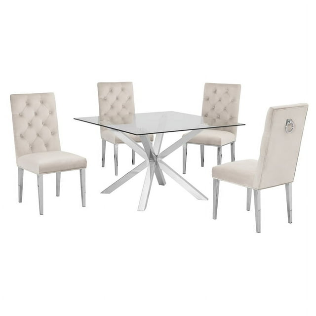 47" x 47" Clear Glass 5pc Dining Set with Silver Stainless Steel