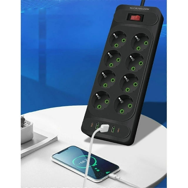 8Holes EU Plug AC Socket Multi Tower Power Strip 2M Extension Cable Electrical Outlet Smart USB Socket with Switch