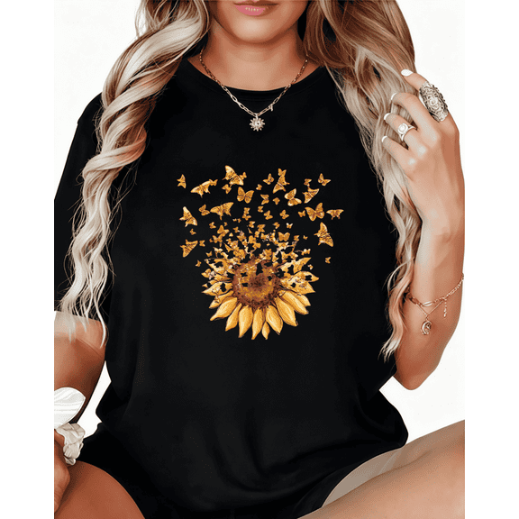 Positive Sunflower Butterfly Print Tshirt Graphic Tees Casual Shirts Black S-5XL Tops