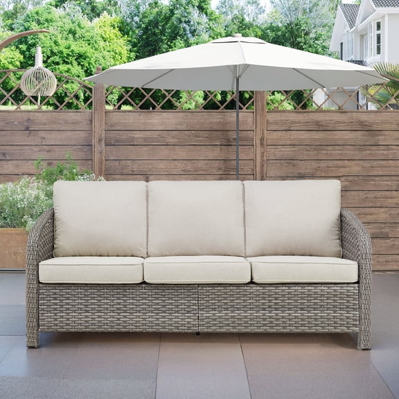 Arnahaishe Wicker Outdoor 3-Seat Sofa Patio Rattan Couch with Beige Deep Seat Cushions