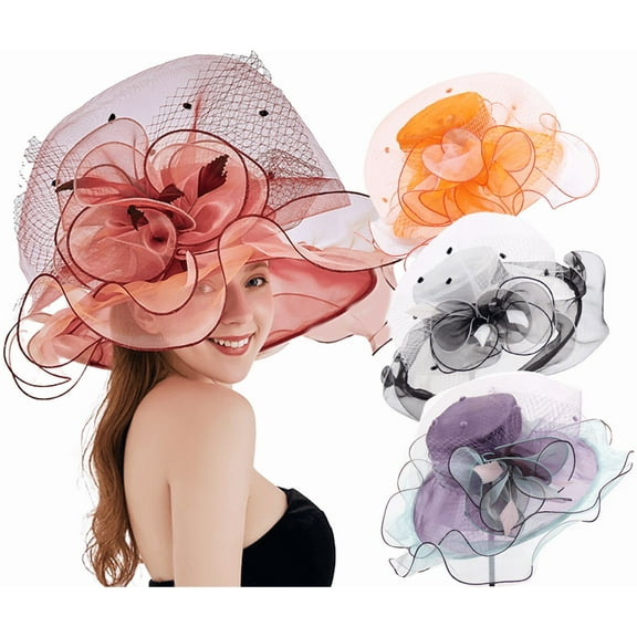 Yoyauz Women Sun Hat with Mesh Flower Decoration Wide Brim Hat Occasion Event Organza Fancy Church Dress Hat
