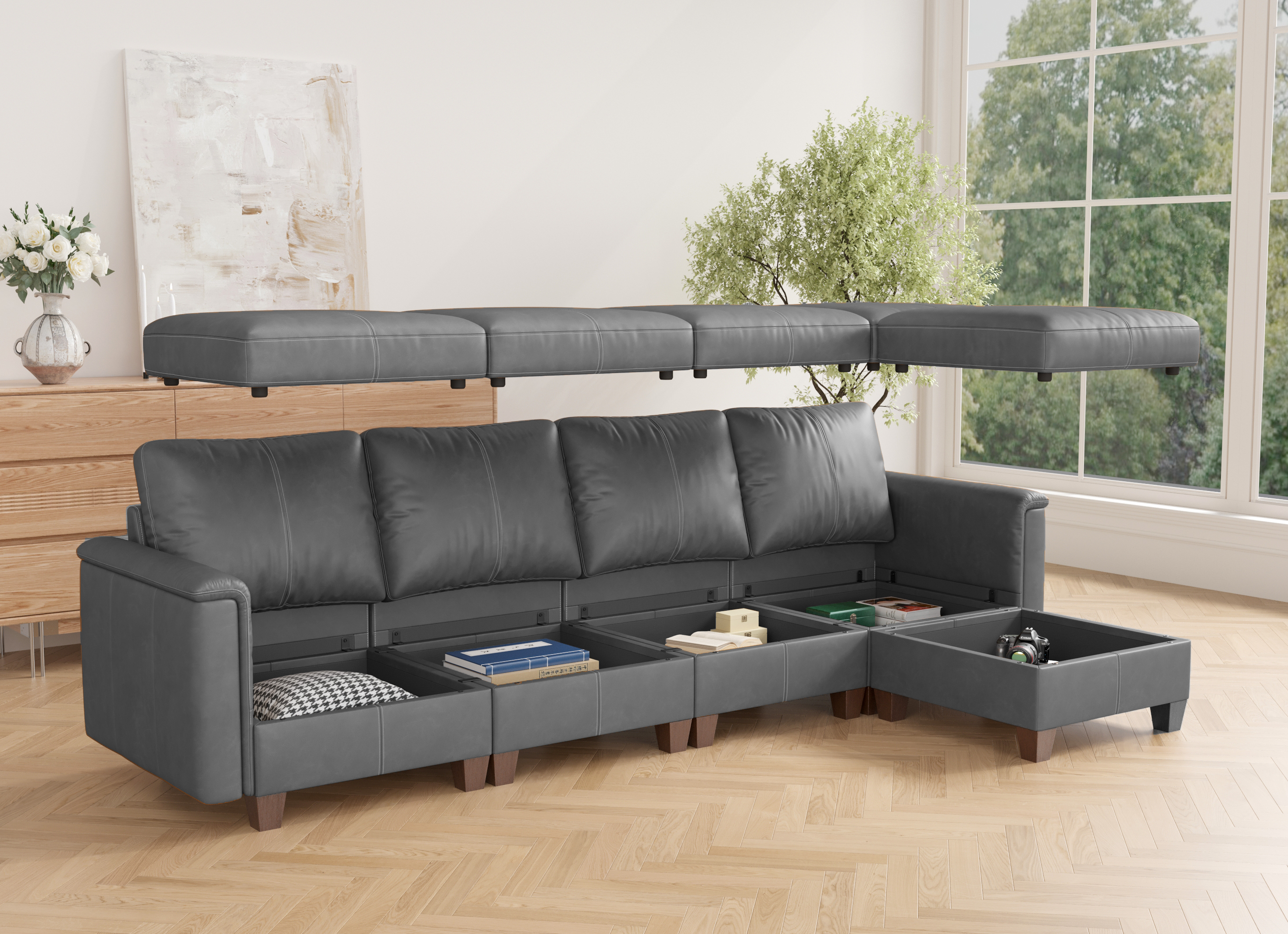 SITJOY 118" Faux Leather Modular Sectional Couches with Storage, Convertible 5 Seat L-Shaped Sectional Sofa with Ottoman for Living Room, Gray