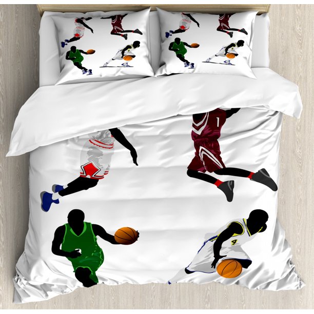 Sports Duvet Cover Set Queen Size, Basketball Players Dribbling Dunking
