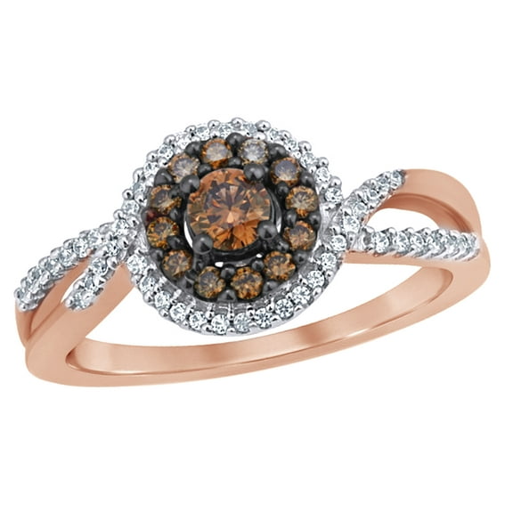AFFY Champagne & White Natural Diamond Swirl Frame Engagement Ring in 10k Rose Gold