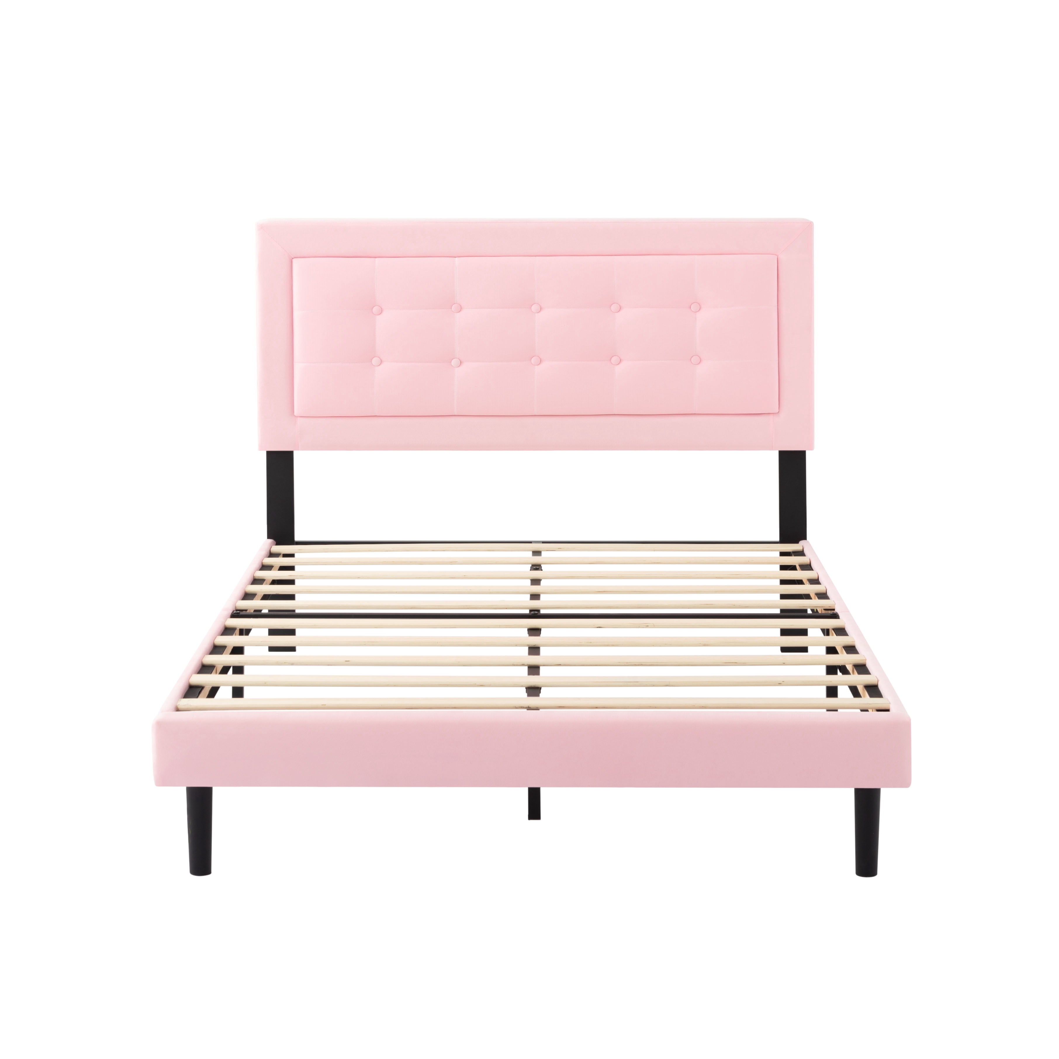 Full Size Upholstered Platform Bed Frame with Wood Slats Support, Pink