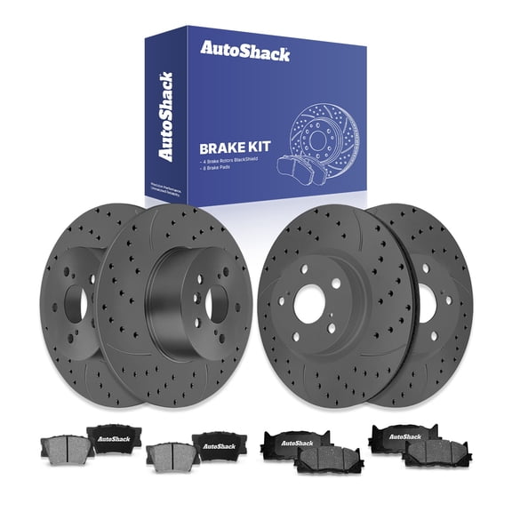AutoShack Front & Rear Drilled & Slotted Brake Rotors Ceramic Brake Pads | Replacement For Toyota Avalon 2007-2011 Camry 2007-2010 Lexus ES350 FWD | Black Matte Finish | 12-PC Brake Kit | BlackShield