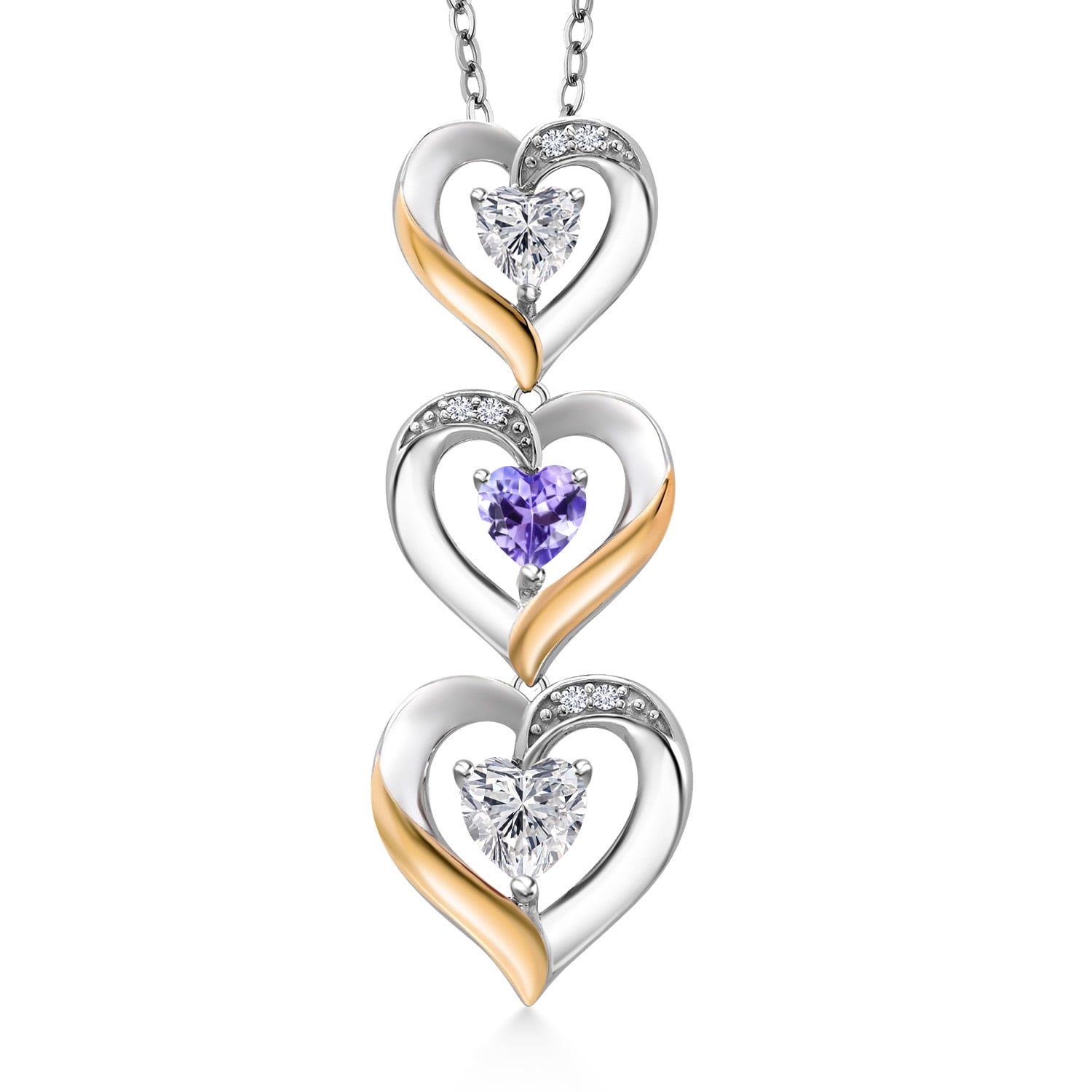 Gem Stone King 925 Silver and 10K Yellow Gold Lab Grown Diamond and Blue Tanzanite Pendant Necklace for Women | 0.90 Cttw | Gemstone April Birthstone | Heart Shape 5MM | With 18 inch Silver Chain