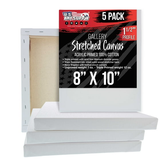 U.S. Art Supply 8" x 10" Gallery Depth 1-1/2" Profile Stretched Canvas 5-Pack - Acrylic Gesso Triple Primed 12-ounce 100% Cotton Acid-Free Back Stapled