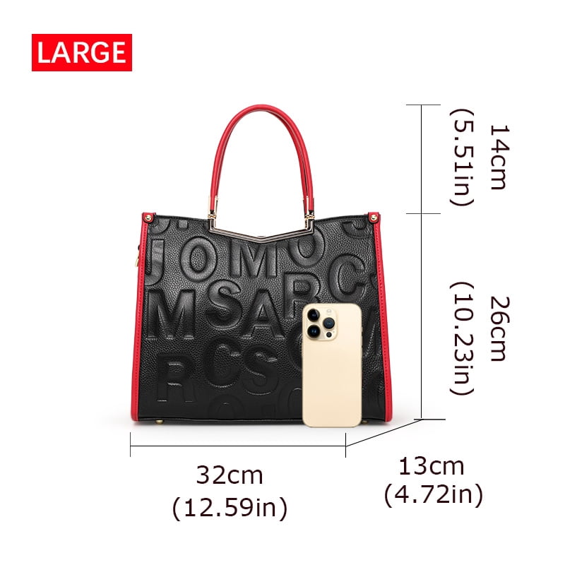 Genuine leather, letter-patterned tote handbag with cross-body strap, large capacity storage bag, wallet, purse
