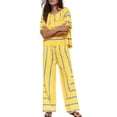 thumbnail image 5 of Women's Striped Two Piece Set, Crew Neck Top with Pocket and Drawstring Waist Wide Leg Pants, Cotton Linen Loungewear Set, Summer Casual Outfits for Women-Yellow, 5 of 7