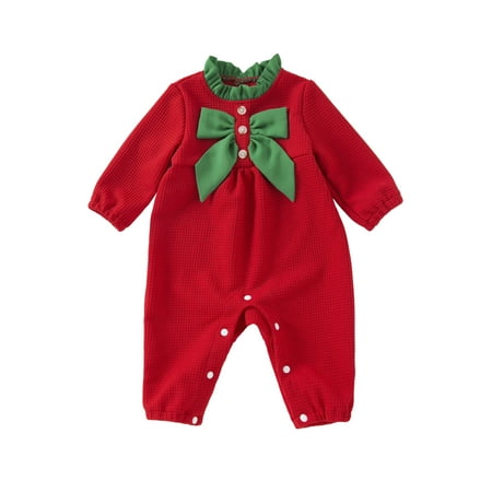 

Acuteok Baby Girls Christmas Romper Contrast Color Cute Bow Long Sleeve Jumpsuits for Newborn Infant Toddler Cute Fall Clothes