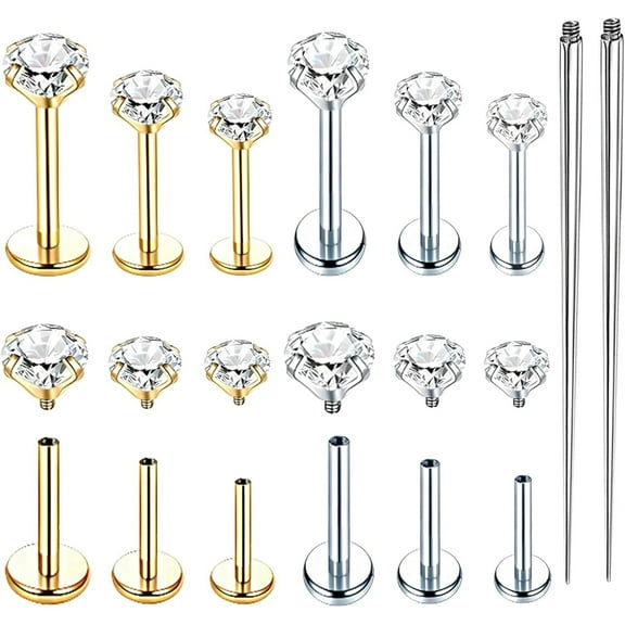 6 Pairs 16G Stainless Steel Labret Internally Threaded Lip Nose Piercing Studs Flat Back Medusa Conch Tragus Cartilage Helix Body Piercing Jewelry Earring Studs for Women Men