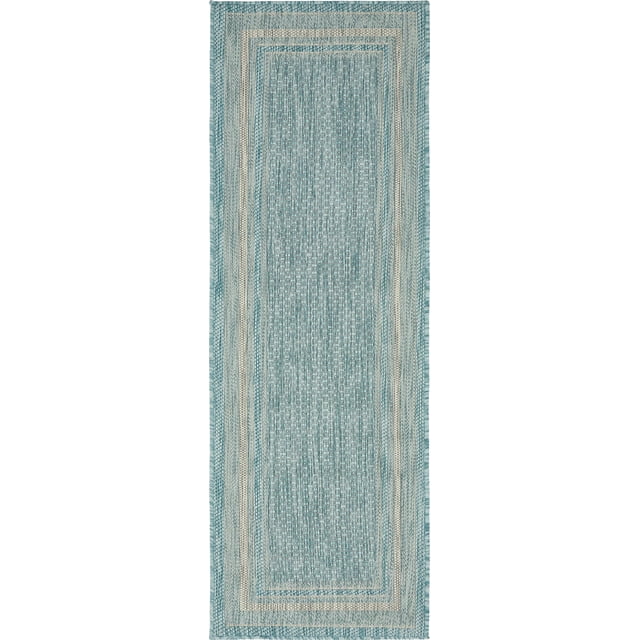 Unique Loom Outdoor Collection Transitional Indoor & Outdoor Casual Solid Tonal Border Area Rug, 2 x 6 ft, Aquamarine/Beige
