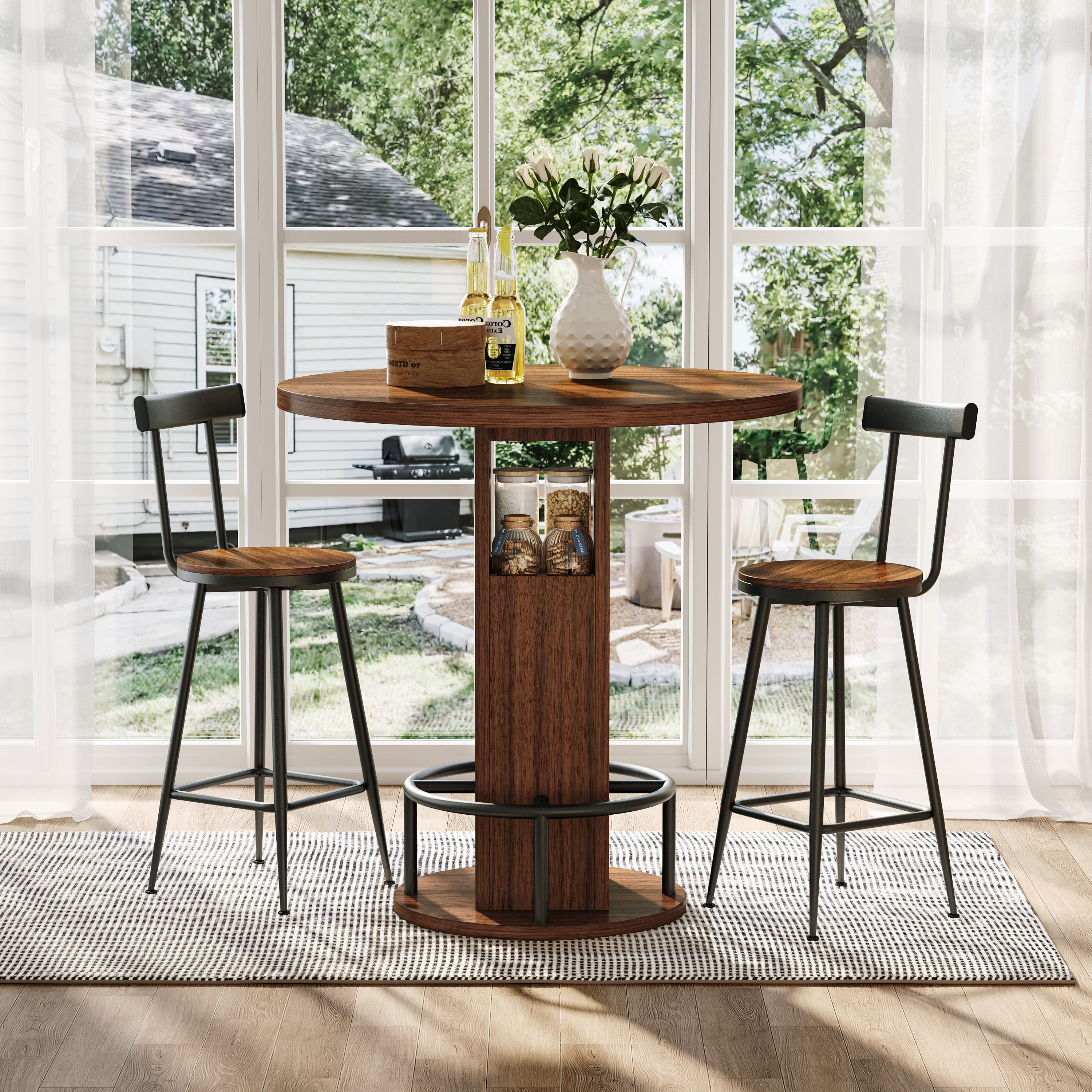 Leumius 3-Piece Bar Table Set with 2 Stools,31.5" Round Pub Table with Metal Ring Footrest,Space-Saving Dining Set for Kitchen,Living Room,Small Space,Walnut