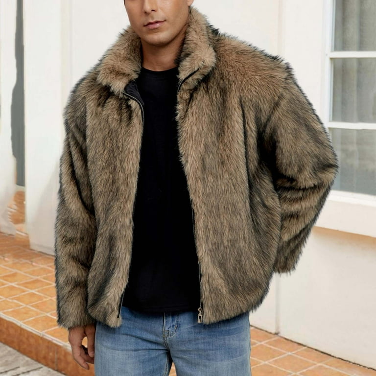 Faux Fur Jacket for Mens Zip Up Lapel Fluffy Furry Coats Long