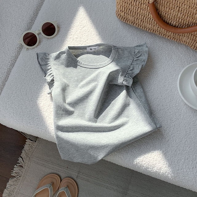 WEAIXIMIUNG Excision Girls Ruffle Sleeve T Shirt Solid Color Vest Girls Basic Short Sleeve 130