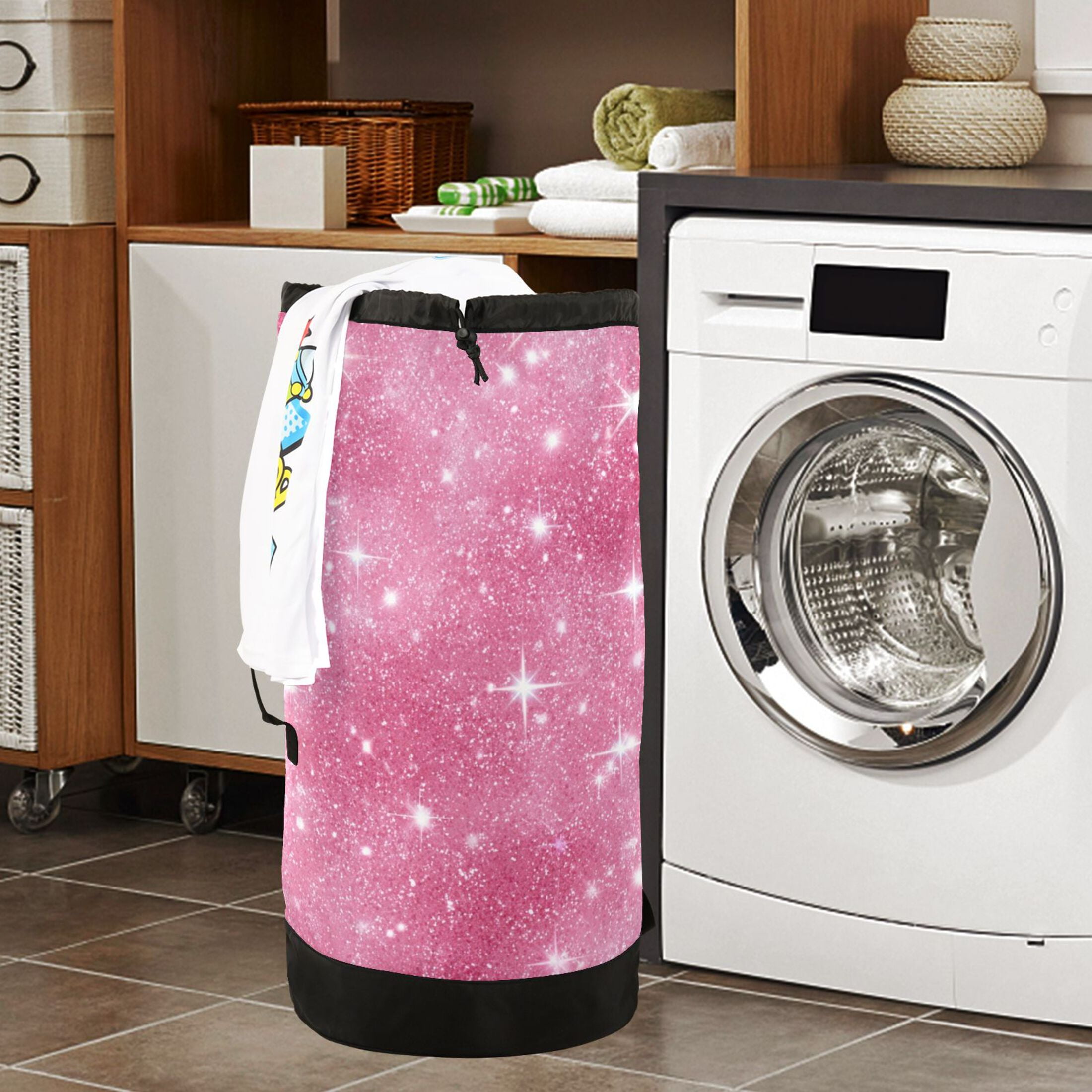 14.5x29.3in Laundry Backpack Bag with Drawstring & Adjustable Straps Heavy-Duty Wash Bag for Travel Storage Camping Pink Glitter Background