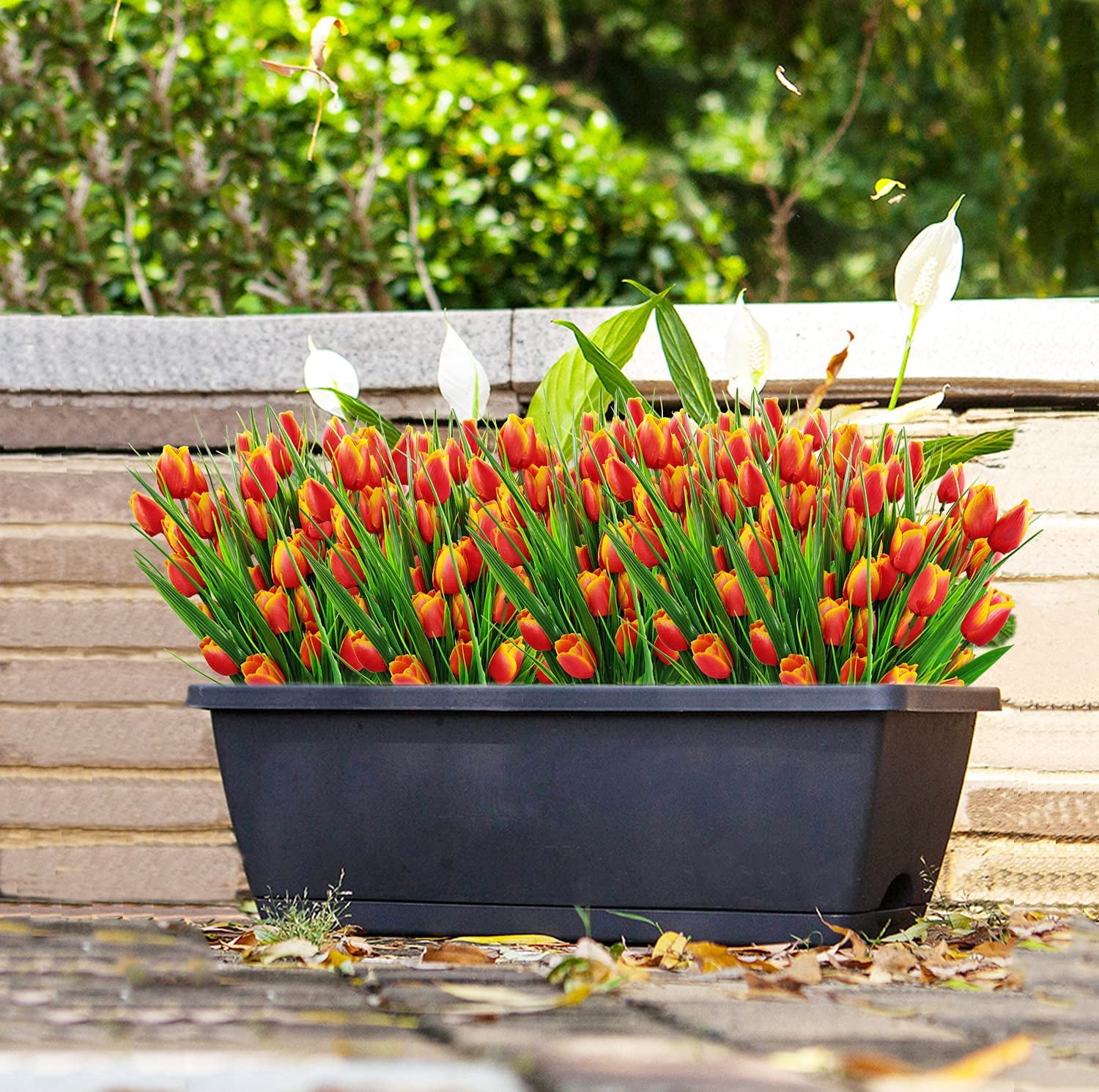 Outdoor Artificial Tulips Fake Flowers UV Resistant Faux Plastic Greenery Shrubs Plants for Home Outside Garden Porch Window Farmhouse Decor (Orange)