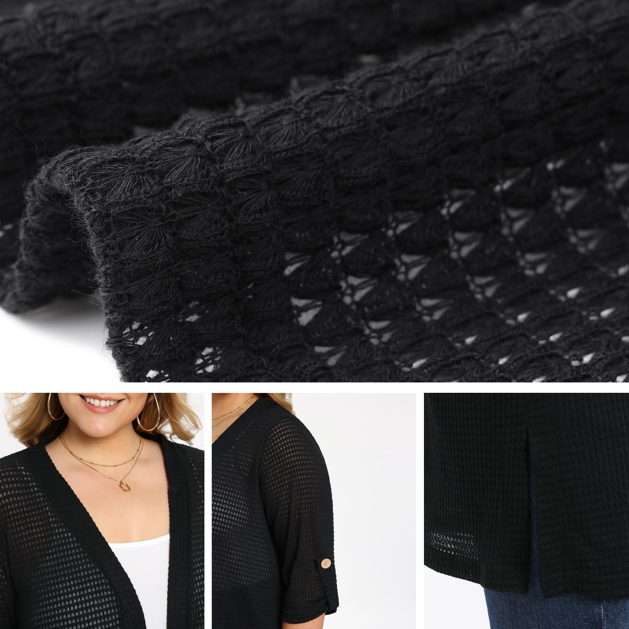 DARING DIVA Women's Plus Hollow Out 3/4 Sleeve Long Open Front Cover Up 1X Black